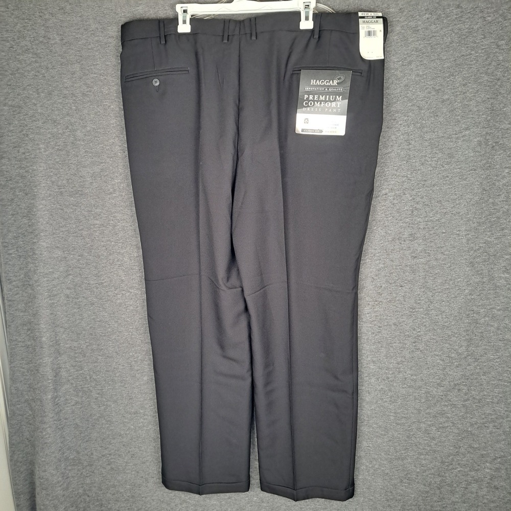 Haggar Dress Pants Men 46x32 Black Premium Comfort Pleated Classic Fit HD90651